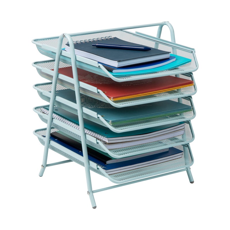 Mind Reader 5-Tier Paper Tray, Desktop Organizer, File Storage, Office, Metal Mesh, 11.75"L x 14"W x 15"H, Blue - Image 1